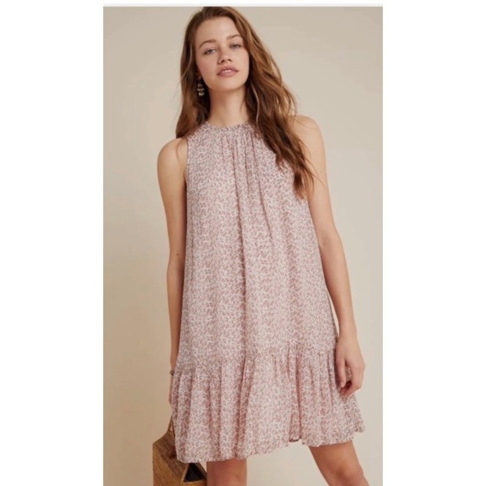 Anthropologie Natalie Flounced Tunic Dress XL Pink Abstract Floral Tiered Mini